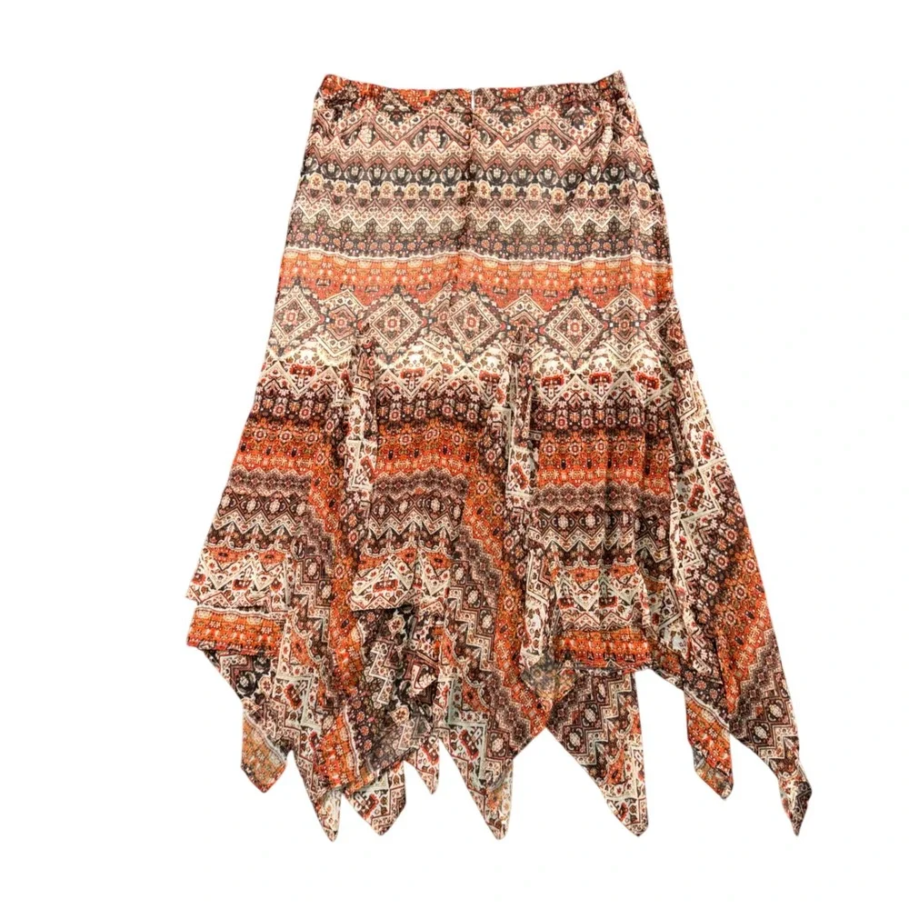 Cristina Boho Maxi Skirt‎ Tribal Print Asymmetrical Hem Y2K Festival Style XL - Picture 4 of 7